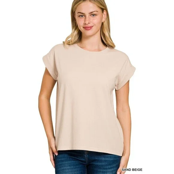 CT-3381Y SB Zenana Round Neck Folded Short Sleeve T-Shirt Sand Beige Var Sizes - Picture 1 of 1